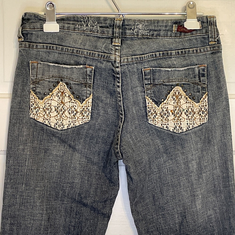 Wide Bell Bottom Jeans Crochet Lace Hippie Rivets Details Boho Core Bohemian 9